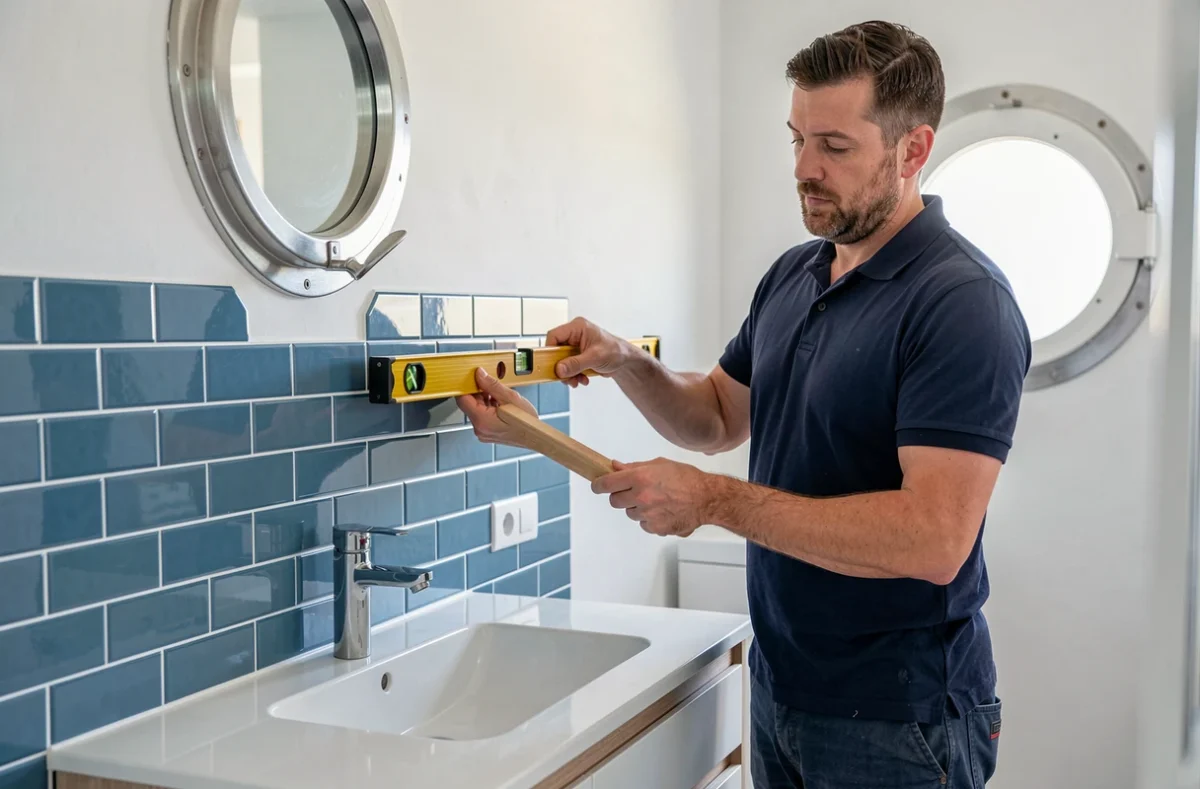 Technicien de Grande Motte Service GMS posant du carrelage mural dans un appartement côtier