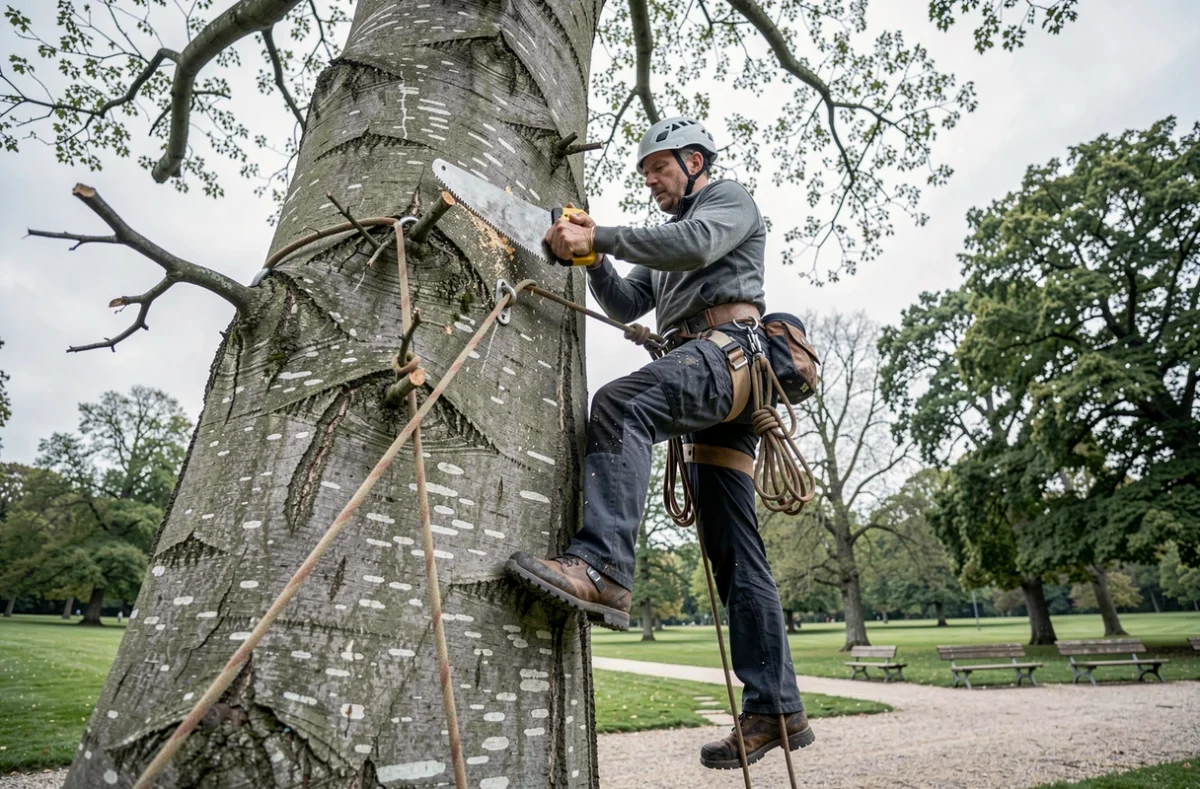 Grimpeur arboriste équipé de harnais suspendu à un hêtre pour retirer une branche morte dans un parc