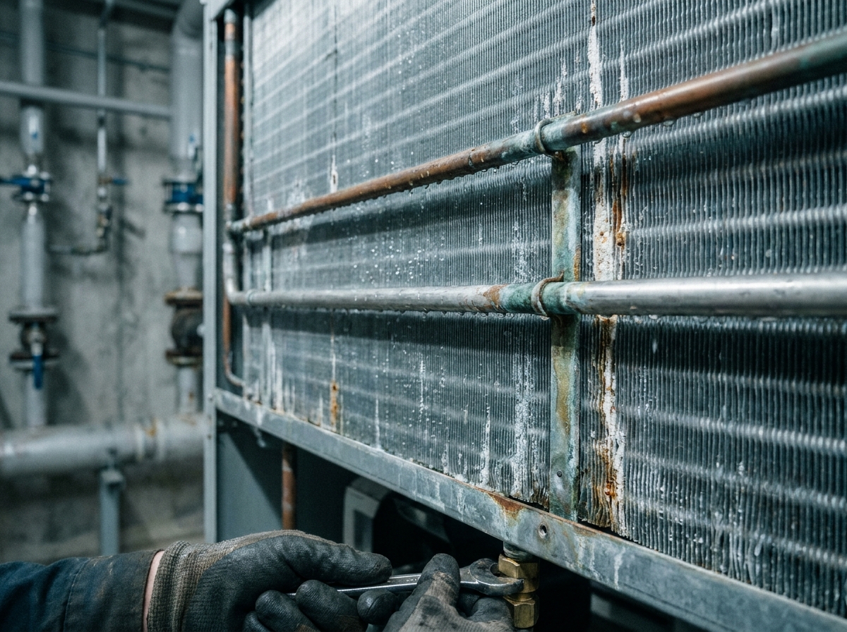 Gros plan sur les ailettes métalliques d'un condenseur industriel avec traces de condensation et usure réelle