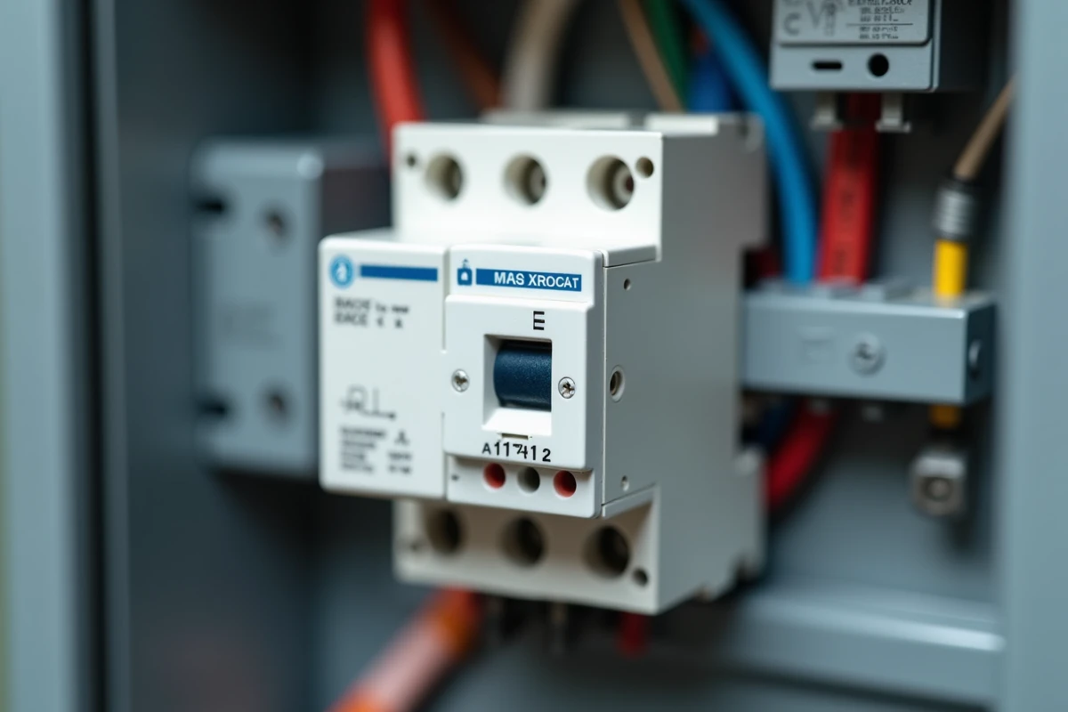 Gros plan sur un contacteur jour nuit monté sur rail DIN dans un coffret électrique