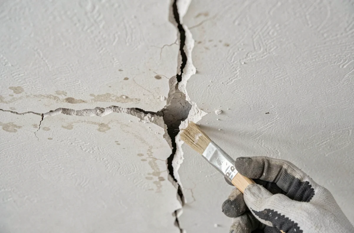 Gros plan sur une fissure au plafond avec une main gantée préparant la surface avant réparation