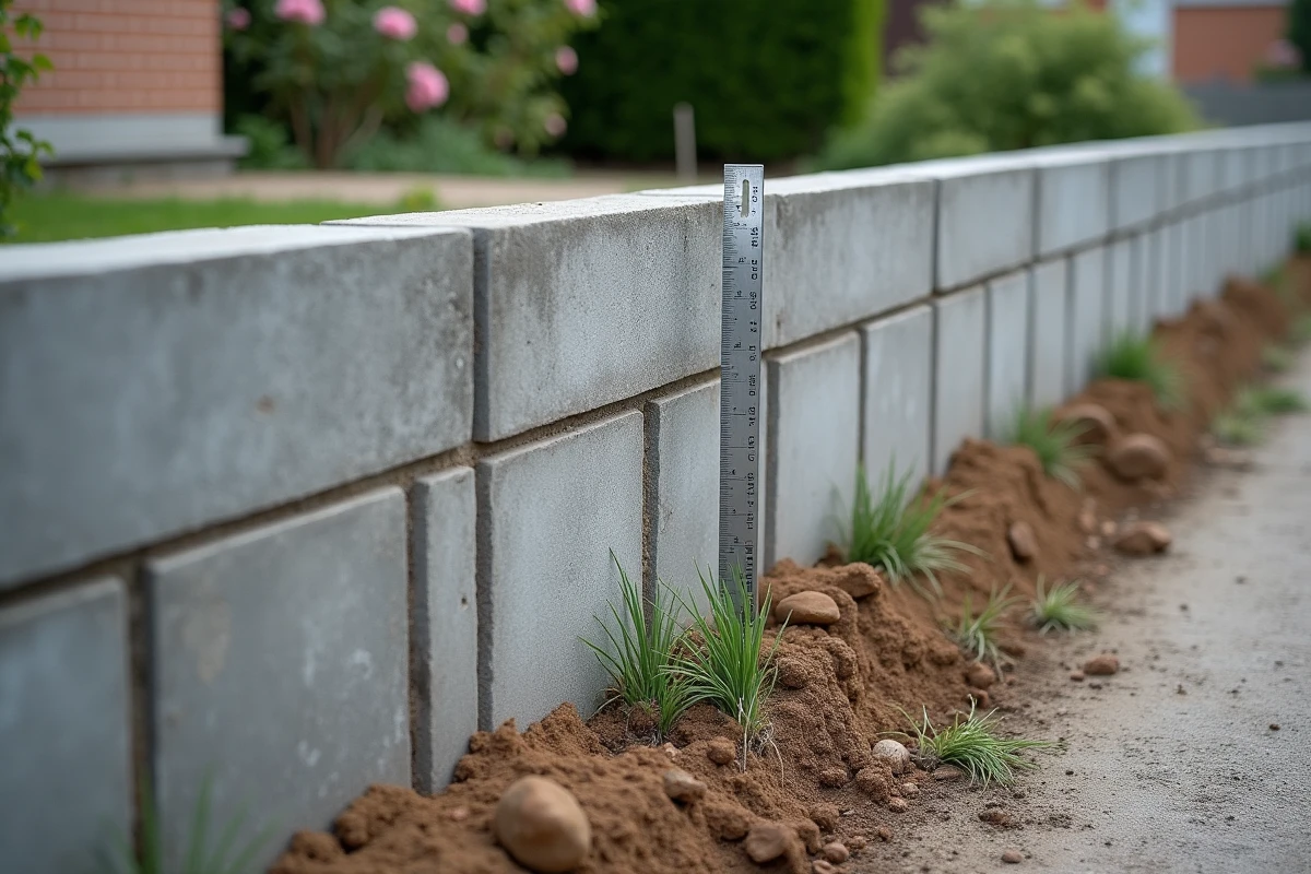 Gros plan sur un mur mitoyen en parpaings avec règle de mesure indiquant la hauteur réglementaire en limite de propriété
