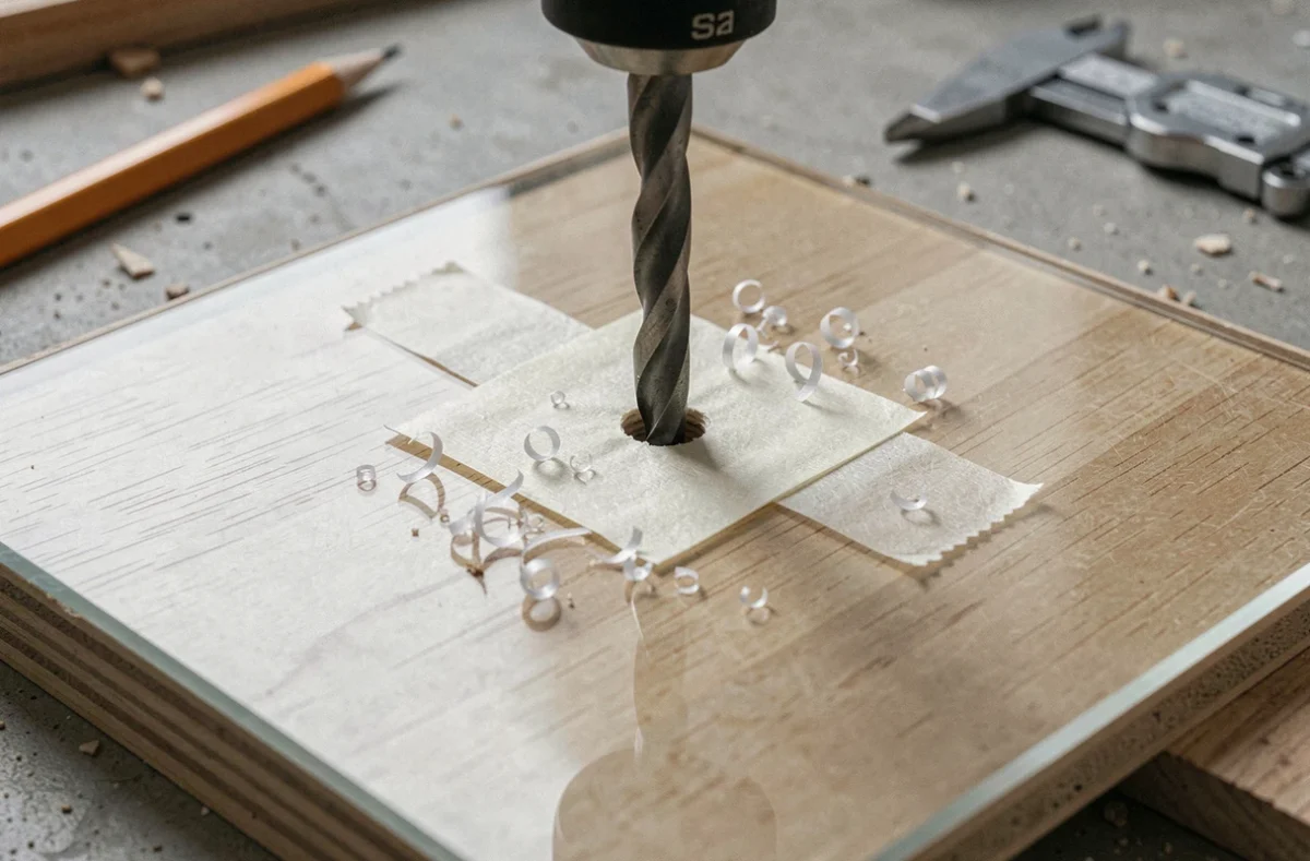 Gros plan sur une mèche de perceuse perçant du plexiglas avec un trou propre sans fissure visible