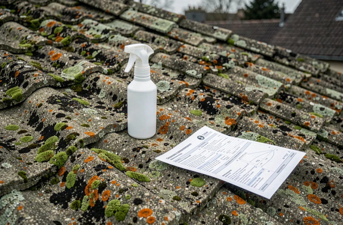Gros plan sur des tuiles béton tachées de lichen et d'algues avec une fiche technique fabricant posée dessus