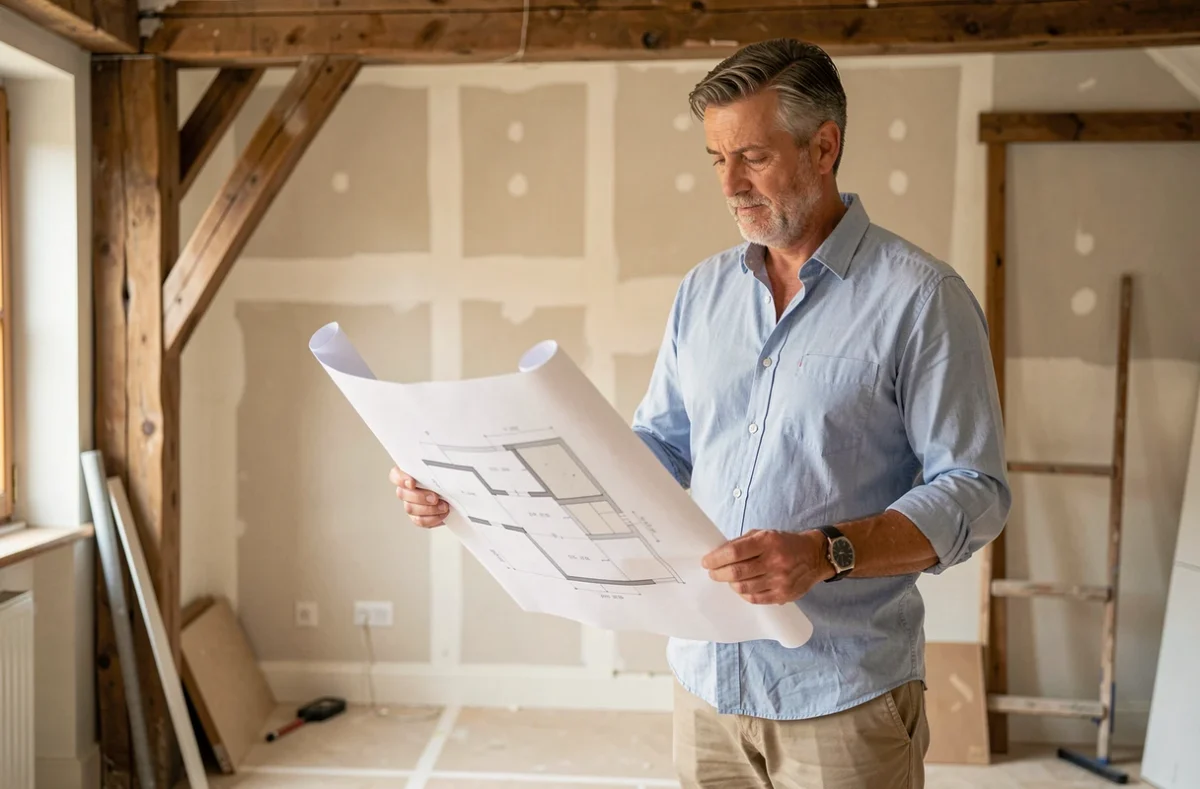 Conseiller d'Habitat Conseil 82 présentant des plans de rénovation à l'intérieur d'une maison en cours de travaux