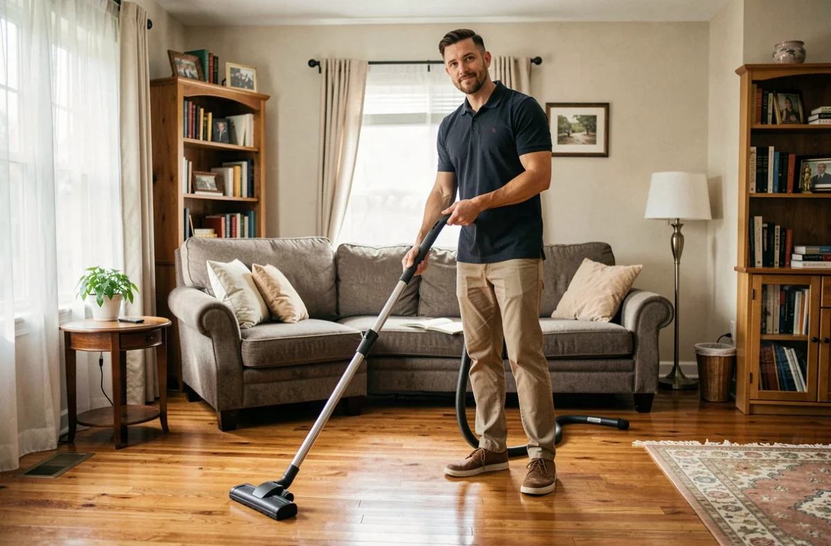 Homme aide à domicile passant l'aspirateur dans un salon chaleureux