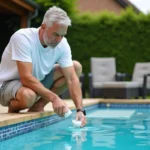 Homme d'âge moyen ajoutant un produit chimique à la piscine