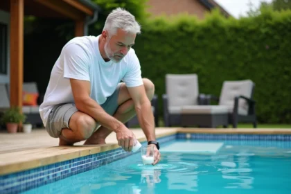 Homme d'âge moyen ajoutant un produit chimique à la piscine