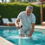 Homme versant du chlore dans une piscine extérieure