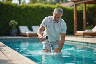 Homme versant du chlore dans une piscine extérieure