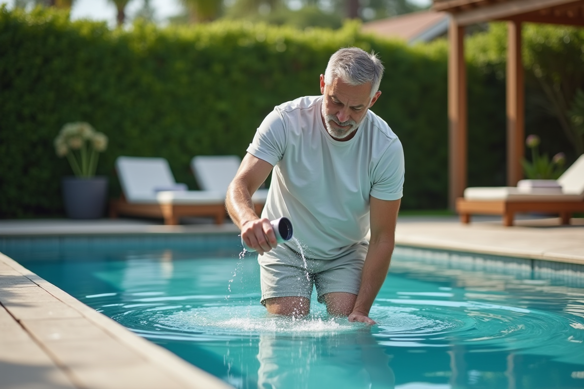 Homme versant du chlore dans une piscine extérieure