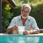 Homme d'âge moyen ajoutant du flocculant dans sa piscine extérieure