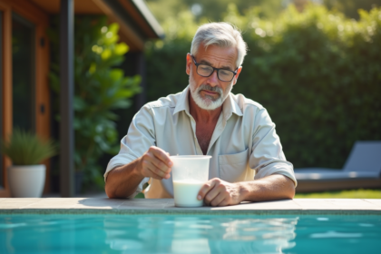 Homme d'âge moyen ajoutant du flocculant dans sa piscine extérieure