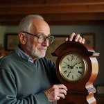 Homme âgé polissant une horloge comtoise ancienne dans un salon chaleureux