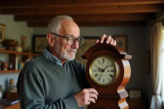 Homme âgé polissant une horloge comtoise ancienne dans un salon chaleureux
