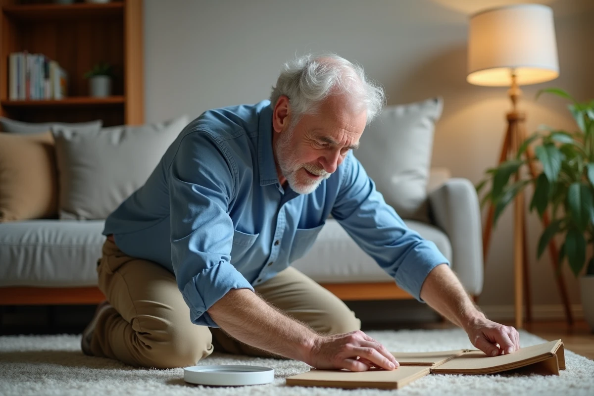 Homme âgé assemble une lampe halogène dans son salon