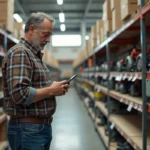 Homme d'âge moyen dans un magasin de bricolage avec rayons vides