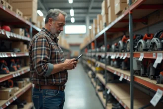 Homme d'âge moyen dans un magasin de bricolage avec rayons vides