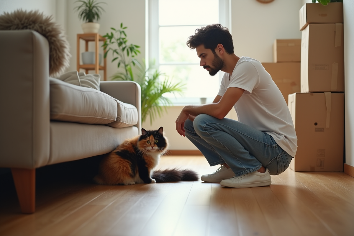 Homme observant son chat calico dans un couloir lumineux