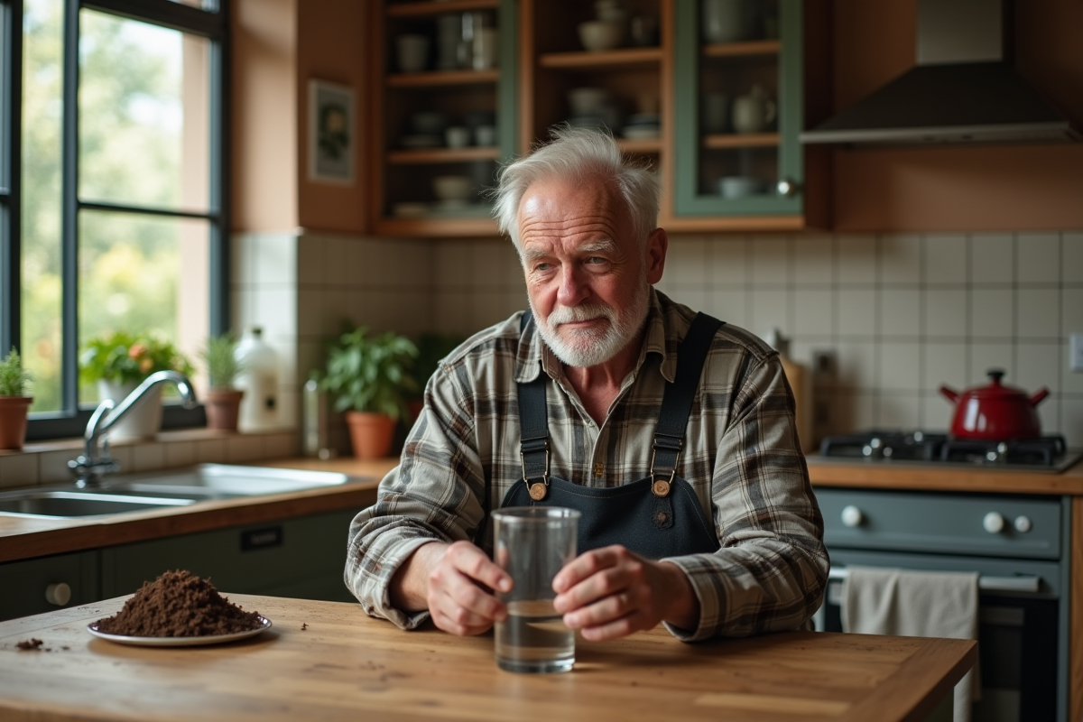 Homme âgé réalisant un test de sol en cuisine