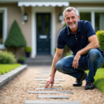Homme inspectant un chemin de gravier dans un jardin