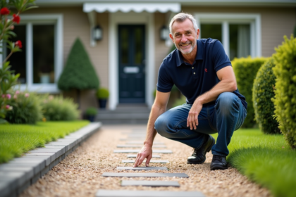 Homme inspectant un chemin de gravier dans un jardin