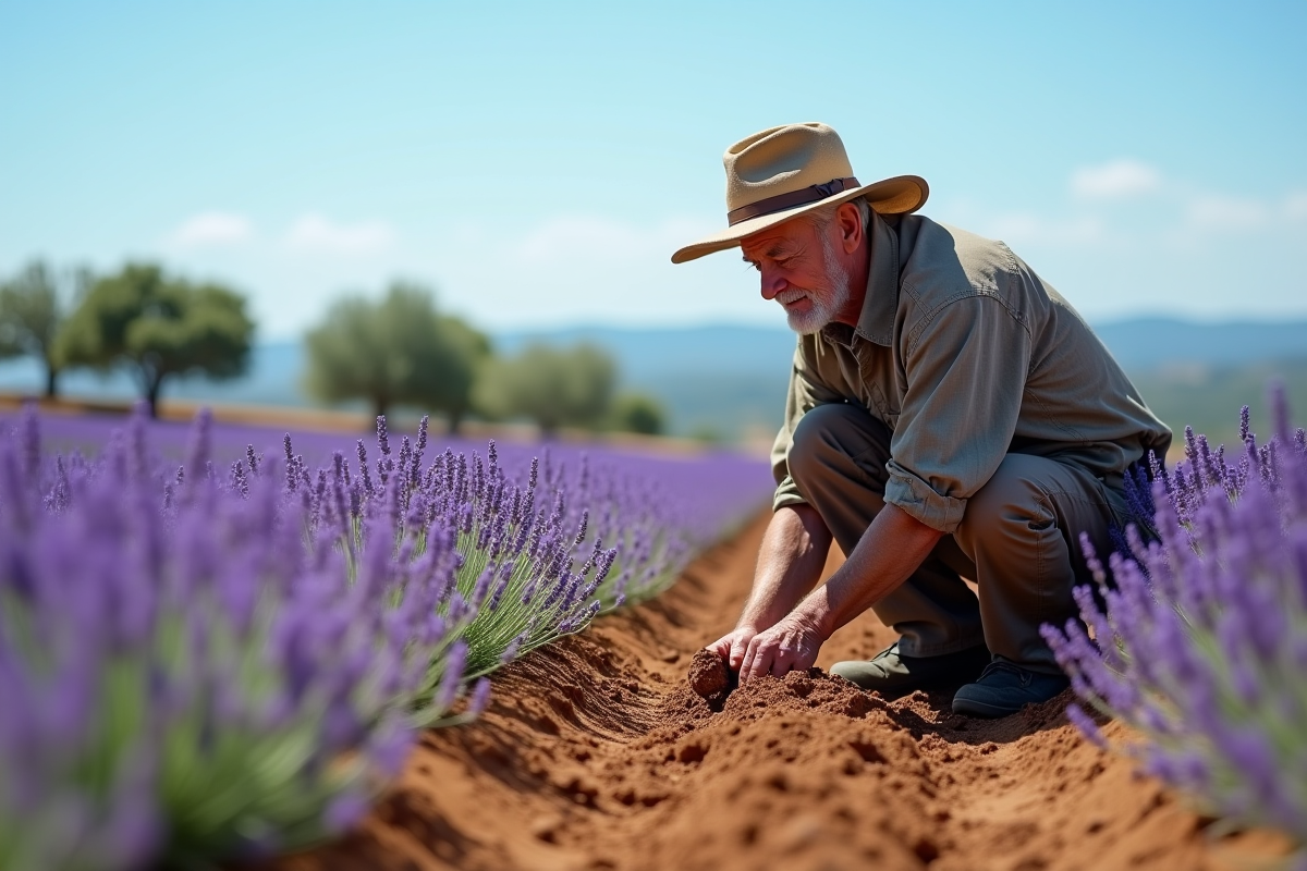 Homme âgé vérifiant la terre dans un champ de lavande