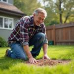 Homme d'âge moyen en jeans et chemise à carreaux en train de semer de l'herbe dans un jardin