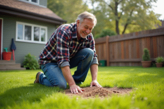 Homme d'âge moyen en jeans et chemise à carreaux en train de semer de l'herbe dans un jardin