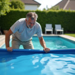 Homme d'âge moyen manipulant une couverture solaire de piscine extérieure
