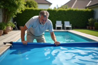 Homme d'âge moyen manipulant une couverture solaire de piscine extérieure