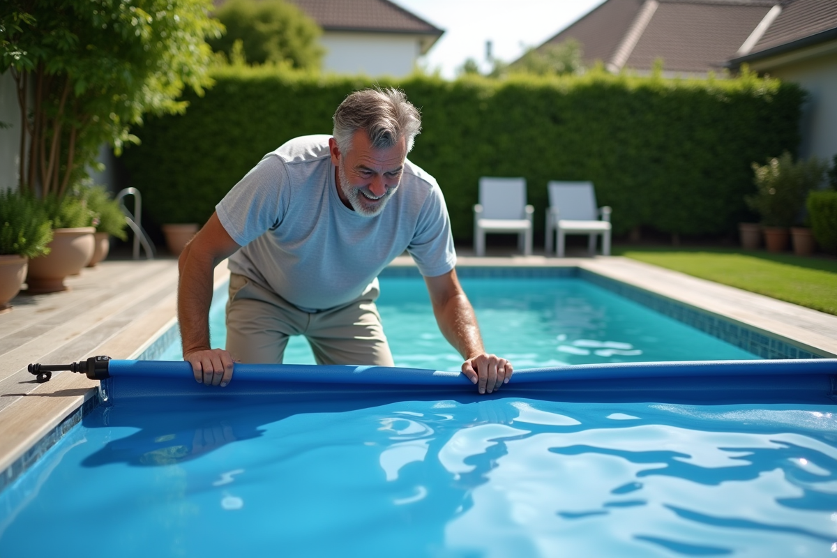 Homme d'âge moyen manipulant une couverture solaire de piscine extérieure