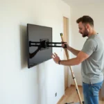 Homme vérifiant un support TV mural dans un salon moderne