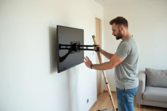 Homme vérifiant un support TV mural dans un salon moderne