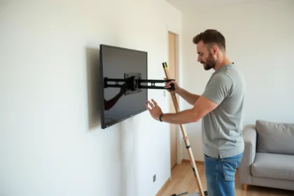 Homme vérifiant un support TV mural dans un salon moderne