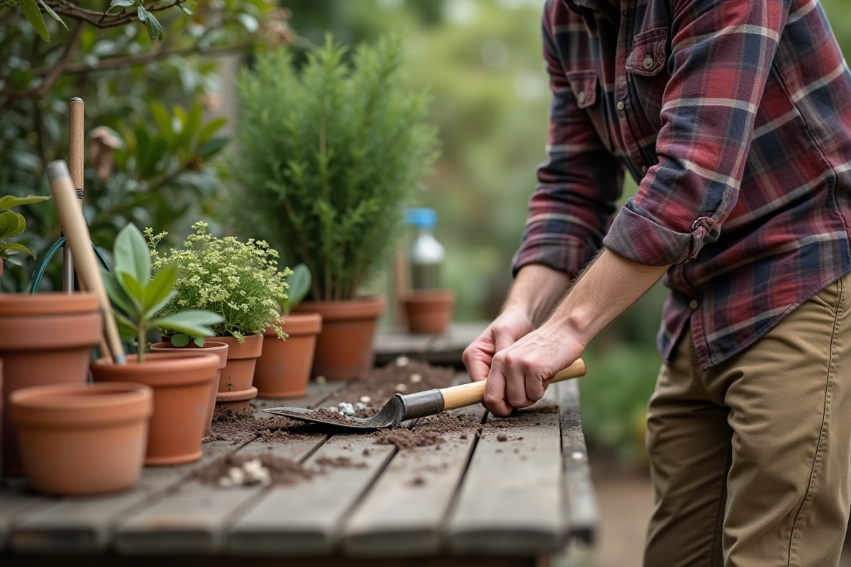Jeune homme inspectant outils de jardinage sur un banc en bois