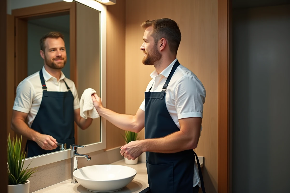 Homme en tablier polissant un miroir de salle de bain avec un chiffon non pelucheux pour éliminer les traces de dentifrice