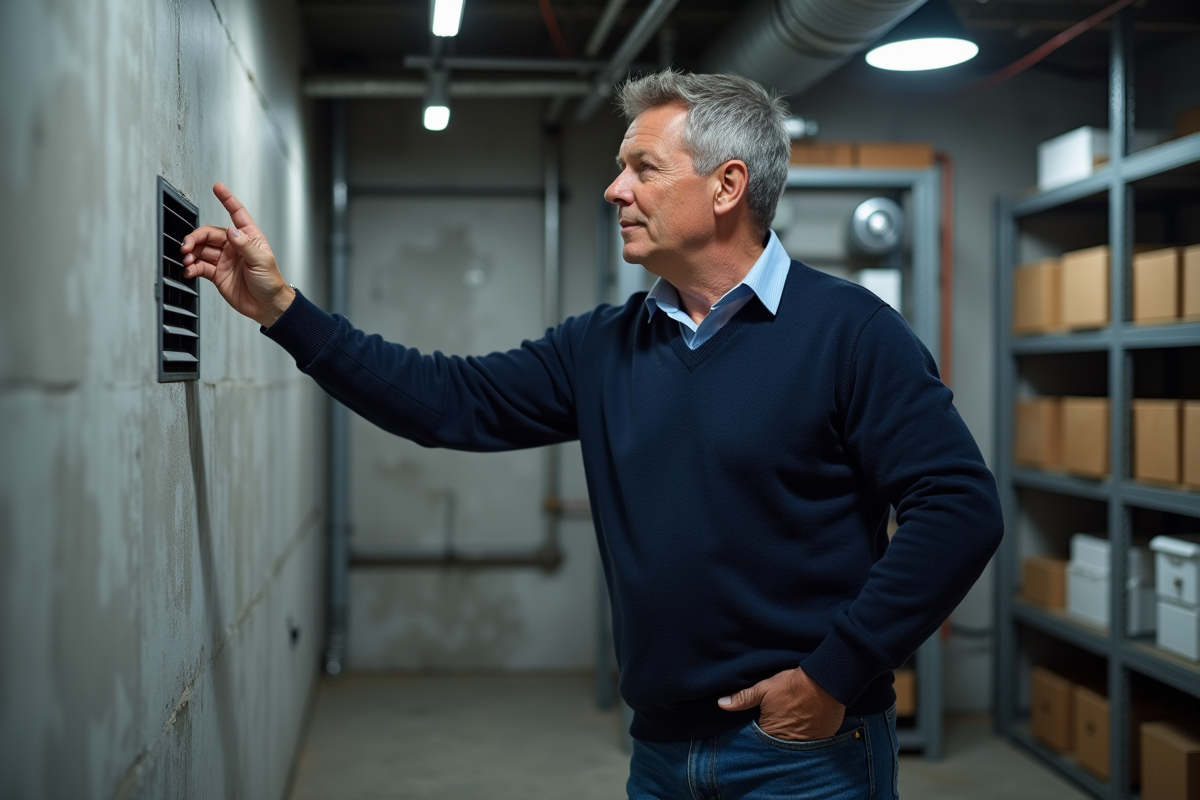 Homme d'âge moyen ajuste un ventilo dans un sous-sol moderne
