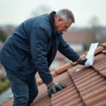 Homme inspectant un toit en tuiles dans un quartier résidentiel