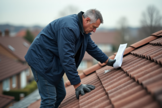 Homme inspectant un toit en tuiles dans un quartier résidentiel