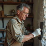 Homme en vêtements de travail nettoyant du salpetre sur un mur intérieur