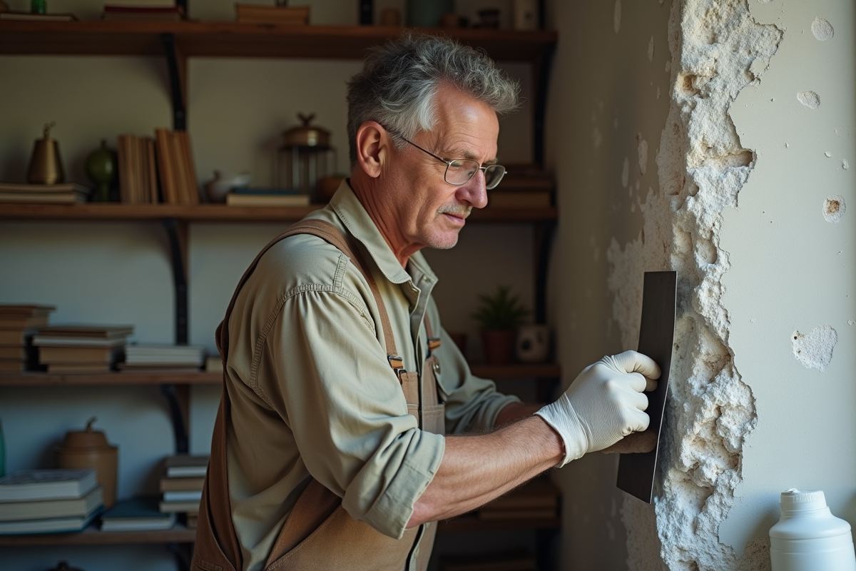 Homme en vêtements de travail nettoyant du salpetre sur un mur intérieur