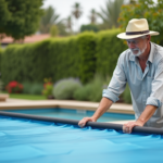 Homme âgé ajustant une couverture solaire de piscine dans un jardin