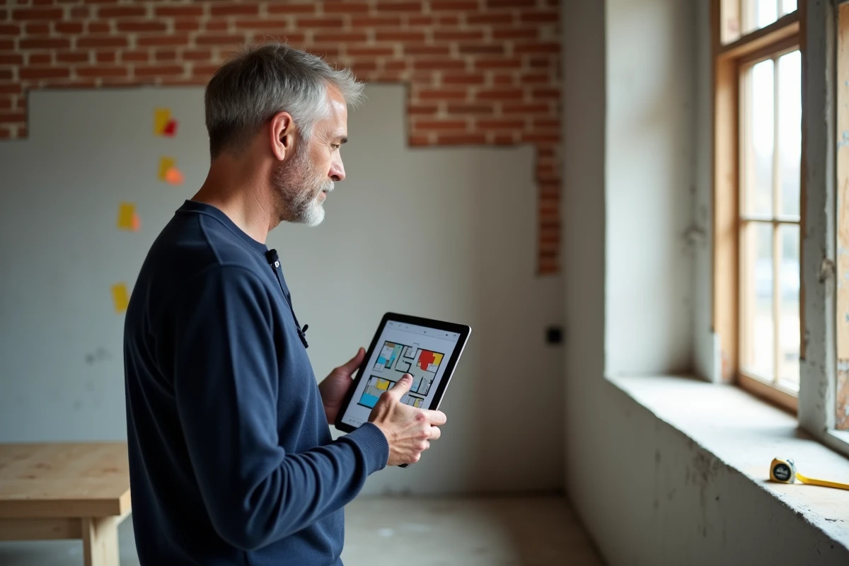 Homme tenant une tablette avec un logiciel de plan 3D dans un salon en cours de rénovation