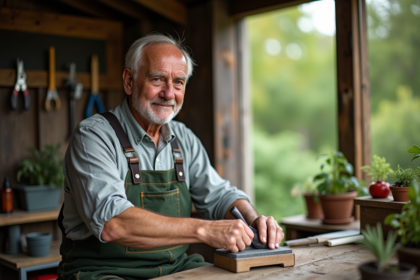 Homme d'âge moyen taillant des secateurs dans le jardin