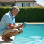 Homme testant l'eau de la piscine extérieure
