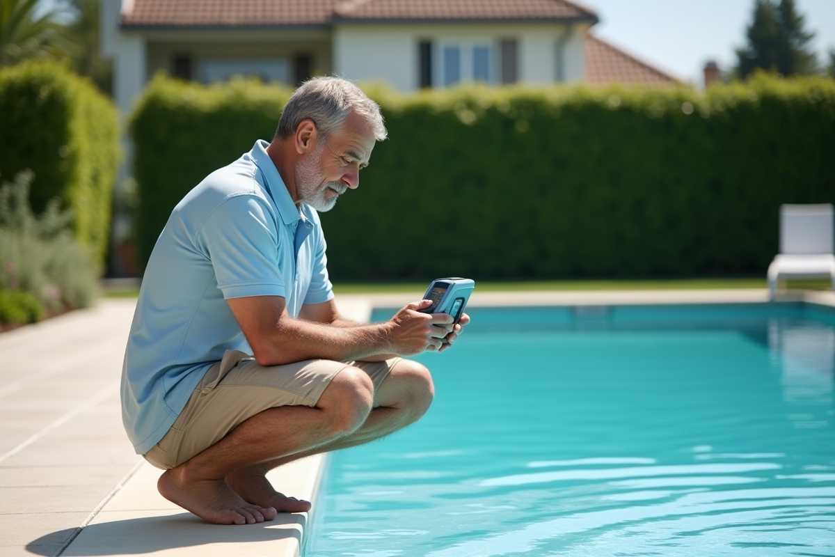 Homme testant l'eau de la piscine extérieure