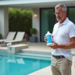 Homme d'âge moyen tenant un traitement de chlore piscine