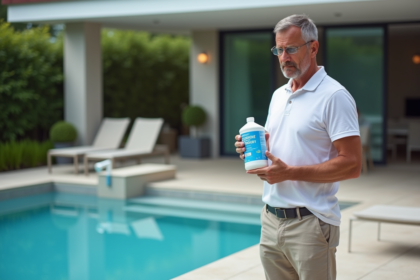 Homme d'âge moyen tenant un traitement de chlore piscine