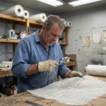 Homme d'âge moyen examine une fibre de mat en intérieur